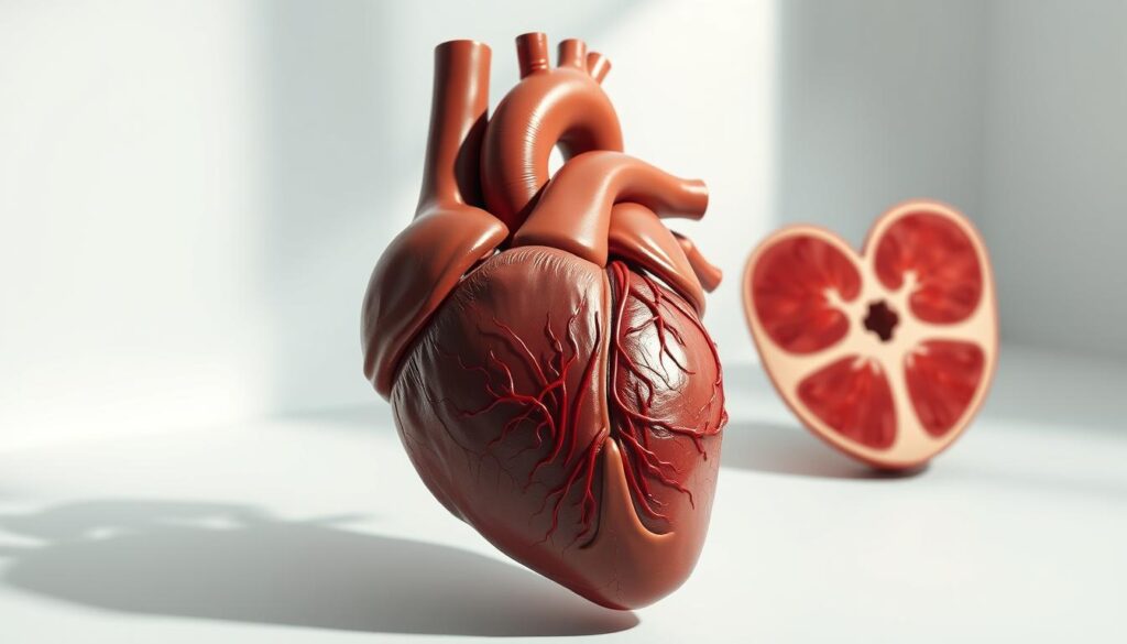 A detailed anatomical diagram of the human heart, showcasing its intricate structure and the various conditions that can affect it. The heart is rendered in highly realistic, photorealistic detail, with a cross-sectional view revealing the atria, ventricles, valves, and blood vessels. The background is a clean, minimalist white space, allowing the heart to be the central focus. Subtle lighting from the side casts soft shadows, enhancing the depth and dimensionality of the organ. The overall mood is one of scientific and medical inquiry, inviting the viewer to better understand the complexities of this vital organ.