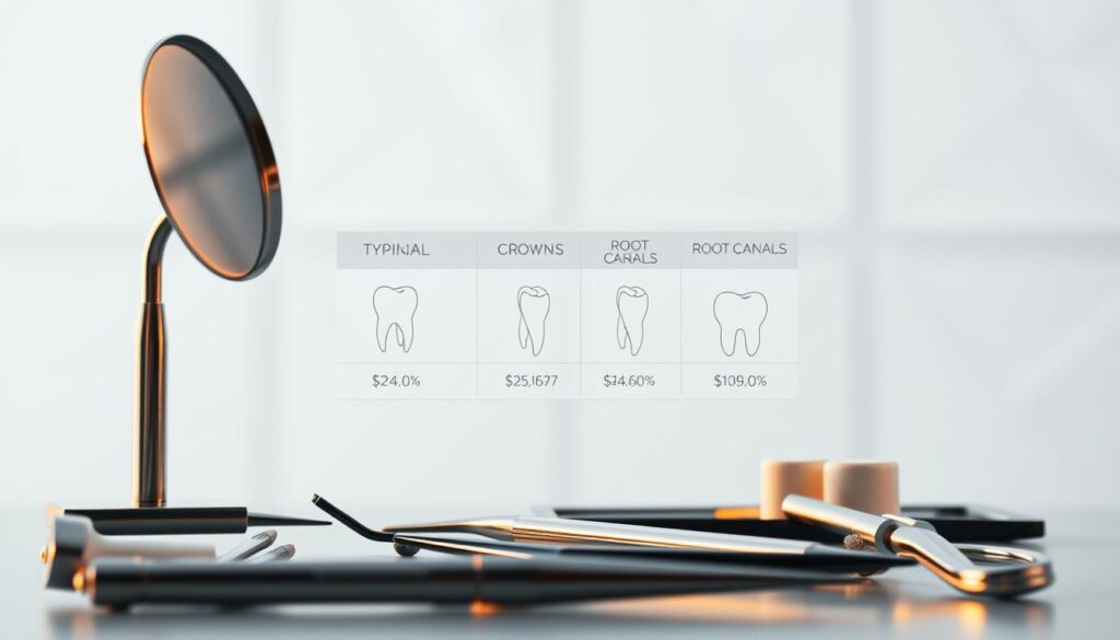 A detailed breakdown of dental treatment costs, showcased against a clean, minimalist background. In the foreground, a neatly arranged set of dental instruments, including a mirror, probe, and various tools, all bathed in warm, directional lighting, emphasizing their purpose and importance. In the middle ground, a series of precise, data-driven graphics illustrating the typical expenses for common procedures, such as fillings, crowns, and root canals, presented in a clear, easy-to-understand format. The background features a subtle, blurred geometric pattern, lending a sense of depth and professionalism to the overall composition. The mood is one of informative clarity, highlighting the significance of prompt, informed decision-making when it comes to dental health and associated financial considerations. A detailed breakdown of dental treatment costs, showcased against a clean, minimalist background. In the foreground, a neatly arranged set of dental instruments, including a mirror, probe, and various tools, all bathed in warm, directional lighting, emphasizing their purpose and importance. In the middle ground, a series of precise, data-driven graphics illustrating the typical expenses for common procedures, such as fillings, crowns, and root canals, presented in a clear, easy-to-understand format. The background features a subtle, blurred geometric pattern, lending a sense of depth and professionalism to the overall composition. The mood is one of informative clarity, highlighting the significance of prompt, informed decision-making when it comes to dental health and associated financial considerations.