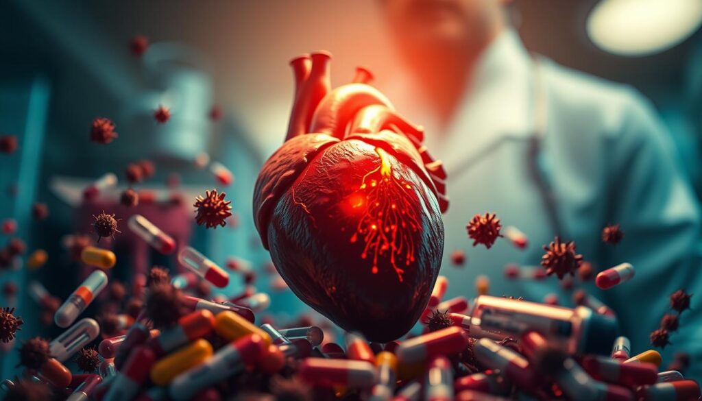 A detailed close-up of a human heart with a glowing red condition, surrounded by a swarm of bacteria and antibiotics in the form of colorful capsules, pills, and syringes. The heart is the focal point, illuminated by a warm, golden light from above, casting dramatic shadows and highlights. The background is a blurred medical setting, hinting at the connection between the heart condition, dental work, and the need for antibiotics. The overall mood is one of urgency, highlighting the importance of addressing the underlying medical issues. The composition draws the viewer's attention to the critical relationship between these interconnected health concerns.