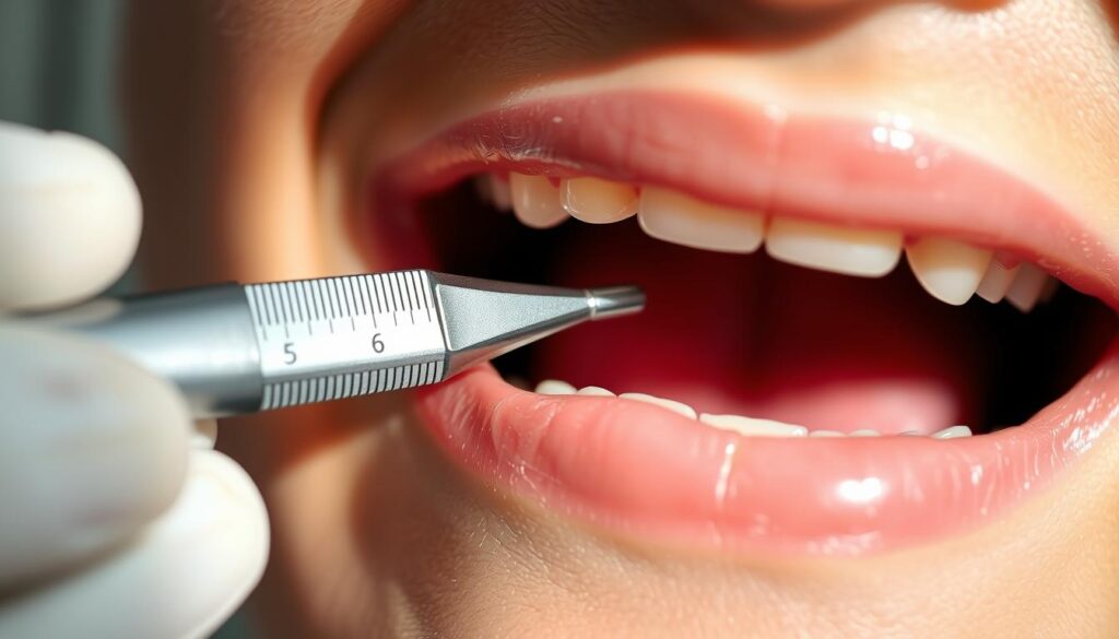 A detailed close-up view of a dentist's hand holding a dental probe, gently inserting it between a patient's teeth during a routine checkup. The probe is measuring the depth of the gum pockets, with the numbers visible on the metal scale. The patient's mouth is slightly open, revealing clean, white teeth against a soft pink gum line. Soft, directional lighting casts subtle shadows, emphasizing the textural details of the teeth, gums, and probe. The focus is sharp, creating a sense of clinical precision, while the depth of field blurs the background, isolating the examination process. A detailed close-up view of a dentist's hand holding a dental probe, gently inserting it between a patient's teeth during a routine checkup. The probe is measuring the depth of the gum pockets, with the numbers visible on the metal scale. The patient's mouth is slightly open, revealing clean, white teeth against a soft pink gum line. Soft, directional lighting casts subtle shadows, emphasizing the textural details of the teeth, gums, and probe. The focus is sharp, creating a sense of clinical precision, while the depth of field blurs the background, isolating the examination process.