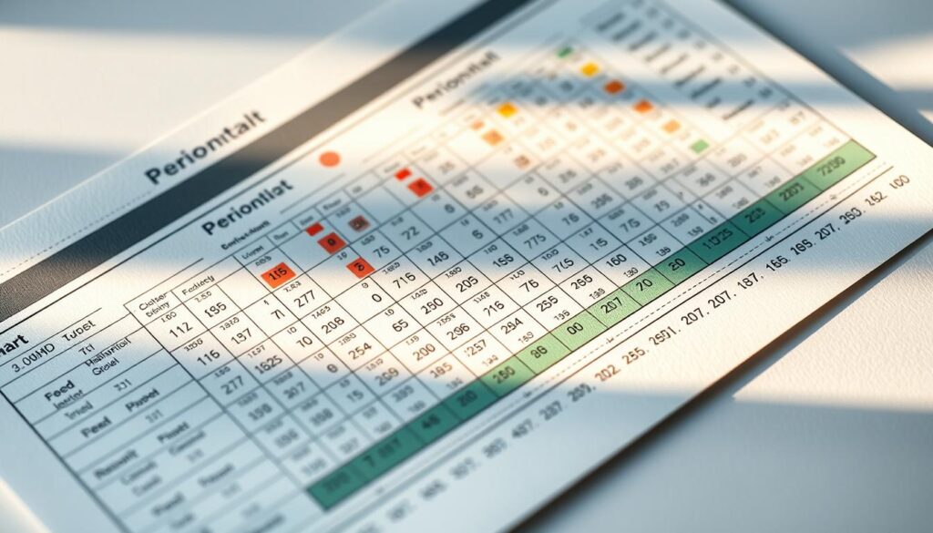 A detailed closeup view of a dentist's periodontal chart, displaying a series of measurements and indicators for the health of a patient's gums and teeth. The chart is neatly organized, with precise numerical values and color-coded regions showcasing the state of the patient's oral hygiene. The chart is illuminated by soft, directional lighting, casting subtle shadows that emphasize the textures and contours of the paper. The background is a clean, neutral tone, allowing the chart to be the sole focus of the image. The perspective is slightly elevated, giving a professional, clinical impression, as if the viewer is the dentist examining the patient's oral health measurements. A detailed closeup view of a dentist's periodontal chart, displaying a series of measurements and indicators for the health of a patient's gums and teeth. The chart is neatly organized, with precise numerical values and color-coded regions showcasing the state of the patient's oral hygiene. The chart is illuminated by soft, directional lighting, casting subtle shadows that emphasize the textures and contours of the paper. The background is a clean, neutral tone, allowing the chart to be the sole focus of the image. The perspective is slightly elevated, giving a professional, clinical impression, as if the viewer is the dentist examining the patient's oral health measurements.