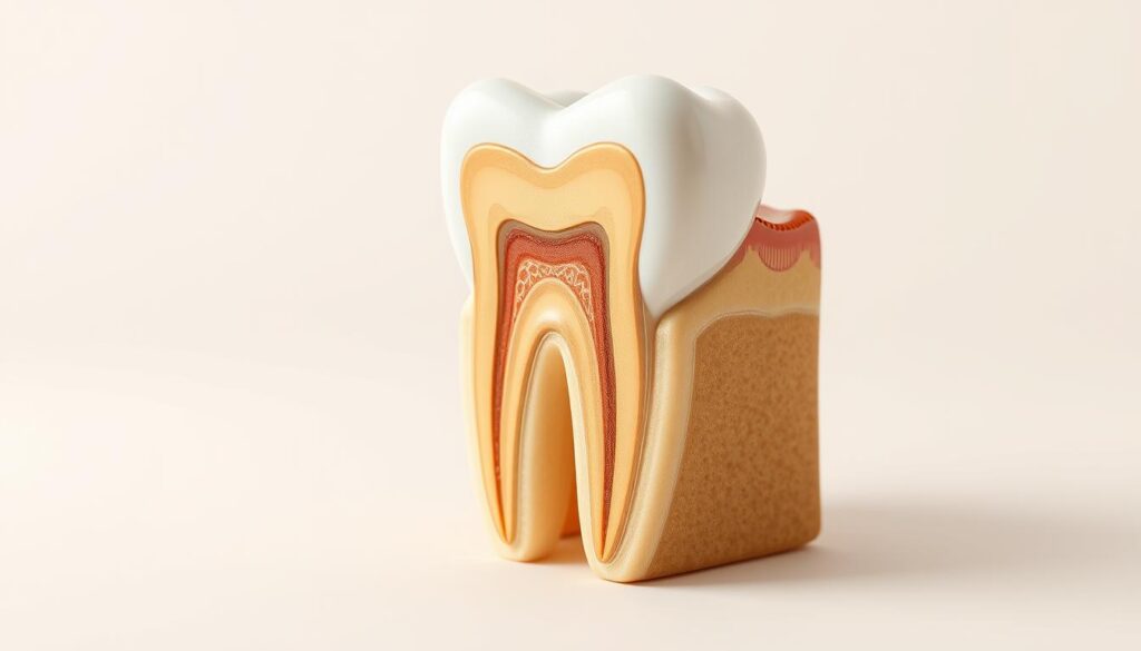 A detailed cross-section of a human tooth, showcasing its intricate structure. The enamel, dentin, and pulp chamber are prominently displayed, rendered in a clean, anatomical style. The tooth is illuminated by a soft, directional light, casting subtle shadows that accentuate the layers and textures. The background is a neutral, off-white tone, allowing the tooth's features to be the focal point. The perspective is slightly angled, providing a comprehensive view of the tooth's inner workings. The overall mood is one of scientific clarity and educational purpose, conveying a sense of understanding the complex makeup of a human tooth.