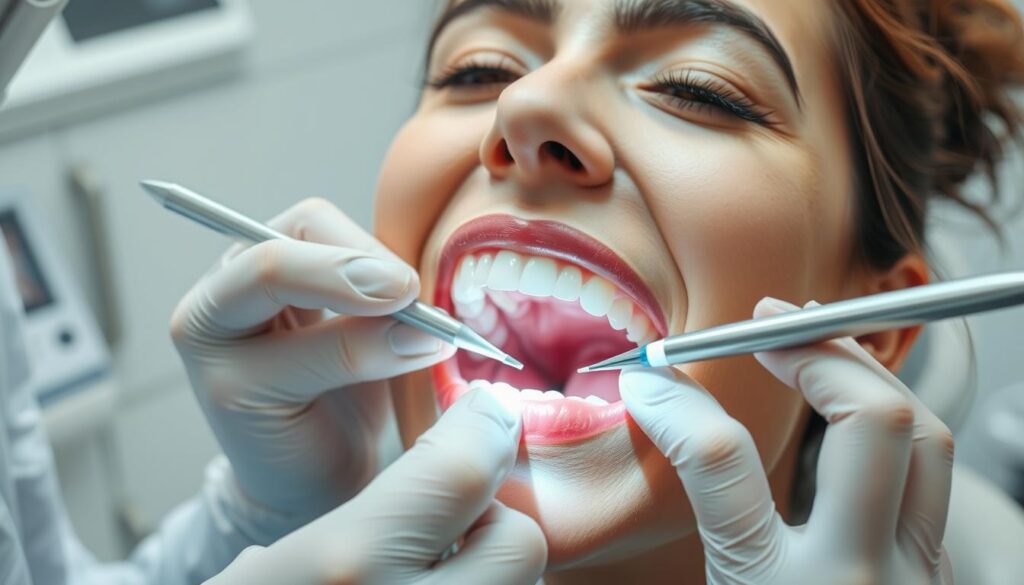 A detailed dental examination scene unfolds, with a hygienist carefully measuring the patient's gums and teeth using a dental probe and mirror. The patient's mouth is open, revealing the intricate structures within, illuminated by the bright, focused lighting overhead. The hygienist's hands are steady, their movements precise, as they meticulously record the measurements and observations. The patient's facial expression conveys a sense of trust and cooperation, as the examination progresses in a professional, clinical atmosphere. The background is clean and sterile, with the dental equipment and instruments neatly arranged, conveying a sense of order and efficiency. A detailed dental examination scene unfolds, with a hygienist carefully measuring the patient's gums and teeth using a dental probe and mirror. The patient's mouth is open, revealing the intricate structures within, illuminated by the bright, focused lighting overhead. The hygienist's hands are steady, their movements precise, as they meticulously record the measurements and observations. The patient's facial expression conveys a sense of trust and cooperation, as the examination progresses in a professional, clinical atmosphere. The background is clean and sterile, with the dental equipment and instruments neatly arranged, conveying a sense of order and efficiency.