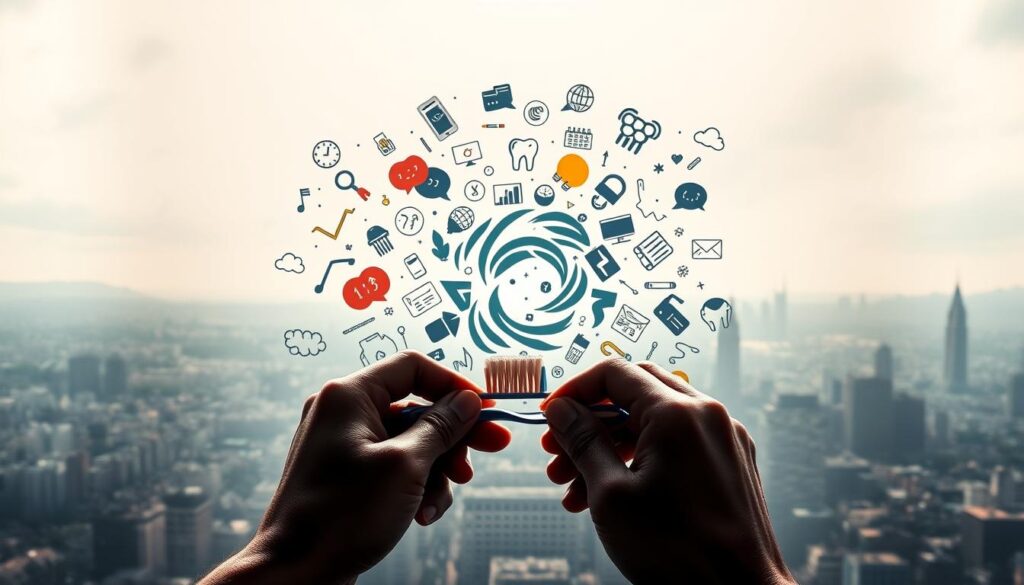 A heated debate rages over the use of fluoride in dental treatments. In the foreground, a pair of hands hold a toothbrush, symbolizing the personal choice involved. The middle ground depicts a swirling vortex of opinions, with icons representing the scientific, political, and health-related aspects of the controversy. In the background, a hazy cityscape suggests the broader societal implications. Dramatic lighting casts shadows, heightening the sense of tension and uncertainty. The overall mood is one of contemplation, as the viewer is invited to consider the nuances of this complex issue.