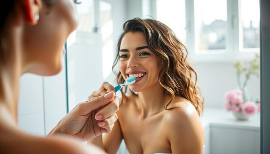 A hydrated, glowing woman brushing her teeth in a serene, well-lit bathroom. The foreground features her hand holding a toothbrush, the toothpaste foaming as she meticulously cleans her teeth. The middle ground shows her face reflected in the mirror, a warm smile conveying the importance of oral hygiene. The background depicts a calming, minimalist bathroom interior with natural lighting filtering through a large window, emphasizing the connection between hydration and dental health.