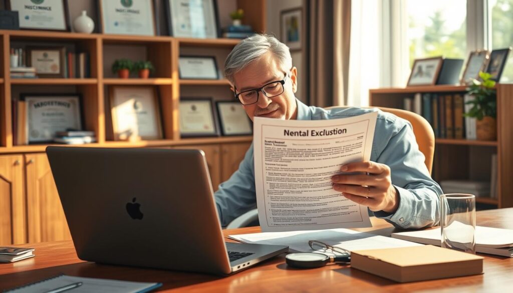 A meticulously detailed illustration of "Understanding Exclusions in Your Policy". A well-lit, high-resolution image depicting a middle-aged person in a home office, examining a dental insurance policy document. The figure is seated at a wooden desk, with a laptop, magnifying glass, and other office supplies in the foreground. The background features a bookshelf and framed certificates, conveying a sense of authority and expertise. The lighting is warm and natural, emphasizing the contemplative mood as the person studies the policy exclusions. The composition draws the viewer's eye to the insurance document, the focal point of the scene, highlighting the importance of understanding one's coverage.