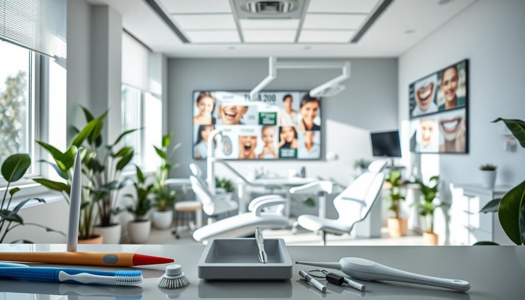 A modern dental clinic with a minimalist, calming atmosphere. In the foreground, an array of dental tools and treatment options, including a toothbrush, dental floss, and various orthodontic devices. In the middle ground, a patient chair with sleek, ergonomic design, surrounded by soothing green plants and natural lighting filtering through large windows. In the background, a wall display showcasing different treatment plans, from root canal procedures to teeth whitening. The overall mood is one of professionalism, innovation, and a holistic approach to dental health. A modern dental clinic with a minimalist, calming atmosphere. In the foreground, an array of dental tools and treatment options, including a toothbrush, dental floss, and various orthodontic devices. In the middle ground, a patient chair with sleek, ergonomic design, surrounded by soothing green plants and natural lighting filtering through large windows. In the background, a wall display showcasing different treatment plans, from root canal procedures to teeth whitening. The overall mood is one of professionalism, innovation, and a holistic approach to dental health.