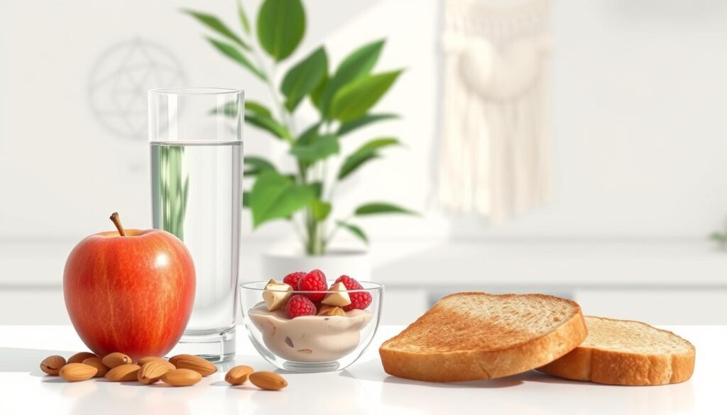 A modern, minimalist illustration of healthy pre-dental appointment snacks and drinks arranged on a clean, white kitchen counter. In the foreground, a glass of water, an apple, and a handful of almonds. In the middle ground, a small bowl of yogurt with berries, and a piece of whole-grain toast. The background features a leafy green plant and a simple, geometric wall hanging, creating a calming, natural atmosphere. Soft, diffused lighting from above casts gentle shadows, highlighting the textures and colors of the nutritious foods. The overall composition conveys a sense of balance, wellness, and preparedness for a dental visit. A modern, minimalist illustration of healthy pre-dental appointment snacks and drinks arranged on a clean, white kitchen counter. In the foreground, a glass of water, an apple, and a handful of almonds. In the middle ground, a small bowl of yogurt with berries, and a piece of whole-grain toast. The background features a leafy green plant and a simple, geometric wall hanging, creating a calming, natural atmosphere. Soft, diffused lighting from above casts gentle shadows, highlighting the textures and colors of the nutritious foods. The overall composition conveys a sense of balance, wellness, and preparedness for a dental visit.