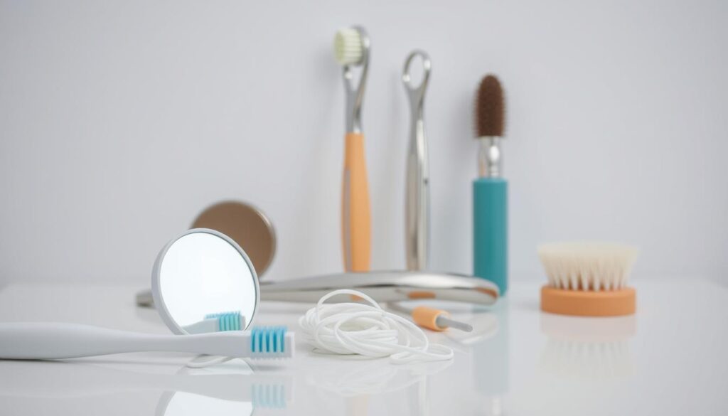 A neatly arranged still life showcasing the essential tools for dental hygiene. In the foreground, a toothbrush, dental floss, and a small mirror reflect the crisp lighting. The middle ground features a dental scaler, a set of dental mirrors, and a polishing brush, all meticulously placed against a neutral background. The background subtly hints at a clean, clinical environment, perhaps a dentist's office or a bathroom vanity. The composition is balanced, the lighting is soft and directional, and the focus is sharp, drawing the viewer's attention to the key dental hygiene implements. The overall mood is one of professionalism, cleanliness, and attention to detail.