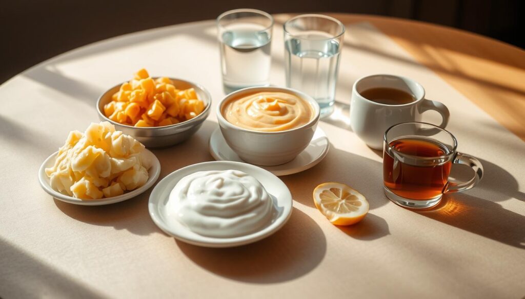 A neatly arranged table, illuminated by warm, natural lighting. On the surface, a variety of soft, mushy foods - mashed potatoes, pureed soup, yogurt, and applesauce. Alongside, a glass of water and a cup of herbal tea. The setting conveys a sense of pre-dentist caution, with the selection of easily digestible, non-crunchy items that won't interfere with any upcoming dental procedures. The overall mood is one of preparedness and care, reflecting the specific dietary recommendations for a dental visit. A neatly arranged table, illuminated by warm, natural lighting. On the surface, a variety of soft, mushy foods - mashed potatoes, pureed soup, yogurt, and applesauce. Alongside, a glass of water and a cup of herbal tea. The setting conveys a sense of pre-dentist caution, with the selection of easily digestible, non-crunchy items that won't interfere with any upcoming dental procedures. The overall mood is one of preparedness and care, reflecting the specific dietary recommendations for a dental visit.