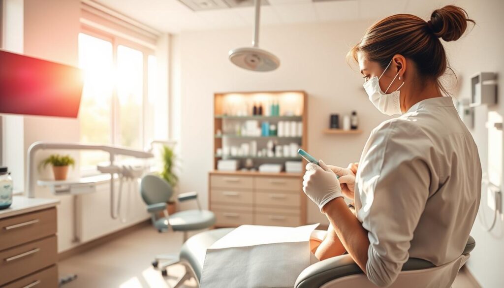 A neatly organized dental office, flooded with warm, natural lighting from large windows. In the foreground, a dental hygienist gently cleans a patient's teeth, highlighting the importance of preventive care. In the middle ground, a display showcases various dental tools and products, emphasizing the advanced technology available for maintaining oral health. The background features a soothing, neutral-toned color palette, creating a calming and professional atmosphere. The scene conveys the long-term benefits of regular dental cleanings, leading to reduced costs and improved overall dental well-being.