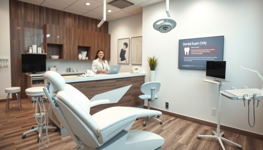 A neatly organized dental office interior, with a clean, modern aesthetic. In the foreground, an examination chair takes center stage, its sleek design and pristine white upholstery inviting the patient. Surrounding the chair, various dental instruments and equipment are arranged with precision, conveying a sense of professionalism and attention to detail. The middle ground features a stylish, minimalist reception desk, where a friendly receptionist greets patients. In the background, a wall-mounted display showcases the available services, highlighting the "Dental Exam Only" option with clear, informative graphics. Soft, diffused lighting creates a calming, reassuring atmosphere, and the overall composition suggests a focus on the patient's comfort and well-being during their dental visit.