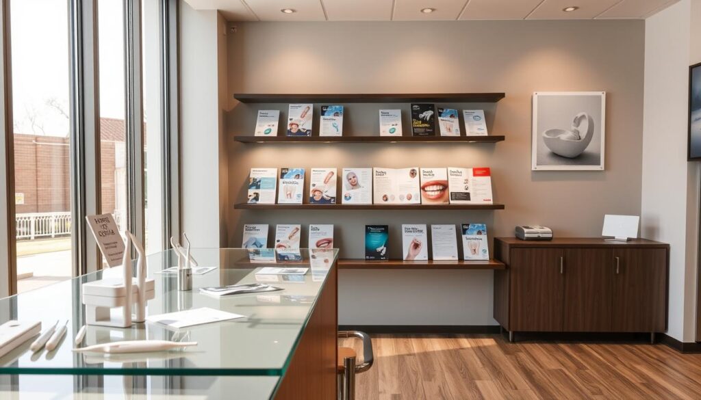 A neatly organized office display showcasing various dental service options. In the foreground, a glass counter showcases different dental tools and procedures, illuminated by soft, natural lighting from large windows. The middle ground features informative pamphlets and brochures detailing dental cleaning, whitening, and other treatments, arranged on sleek, minimalist shelves. In the background, a soothing, muted color palette with subtle wall art creates a welcoming, professional atmosphere. The overall composition conveys a sense of informed choice and attention to detail, reflecting the policies and services of a modern, patient-focused dental practice.