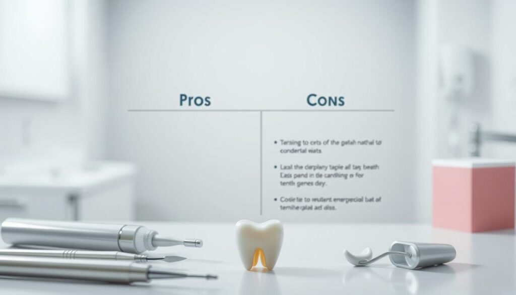 A neatly organized table displaying the pros and cons of temporary dental repair kits, set against a clean, minimalist background. The foreground features a collection of dental tools, toothpaste, and a broken tooth. Soft, diffused lighting creates a soothing, professional atmosphere. The middle ground showcases the pros and cons in a clear, concise manner, with icons and bullet points for easy readability. The background is a muted, blurred dental office setting, lending an authoritative and trustworthy tone. The overall composition emphasizes the importance of considering the advantages and drawbacks of using temporary repair solutions for dental emergencies.