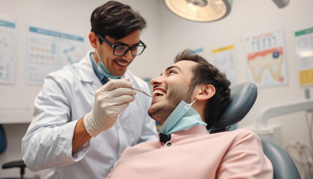 A patient sitting in a comfortable dental chair, their head tilted back as a dentist examines their teeth with a focused expression. The dentist wears a white coat and disposable gloves, wielding a small dental mirror and probe. The room is brightly lit with clean, clinical lighting, the walls adorned with dental charts and educational posters. An assistant stands nearby, ready to hand the dentist any necessary instruments. The patient's expression is one of trust and engagement, as they discuss their oral health concerns with the dentist.