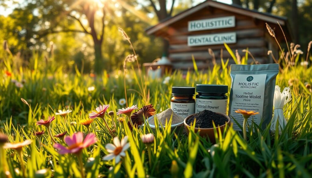 A peaceful, sun-dappled meadow with lush green grass and vibrant wildflowers in the foreground. In the middle ground, an array of natural dental care products - herbal toothpaste, charcoal powder, dental floss made from silk. In the background, a wooden shed with a sign "Holistic Dental Clinic". Warm, golden lighting filters through the scene, creating a soothing, organic atmosphere. The overall composition emphasizes the harmonious integration of nature and dental wellness.