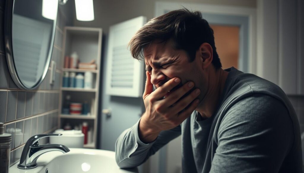 A person clutching their jaw in pain, leaning against a bathroom sink, with a distressed expression on their face. The scene is bathed in harsh, fluorescent lighting that casts deep shadows, adding to the sense of urgency and discomfort. In the background, a medicine cabinet with various dental supplies is visible, further emphasizing the dental emergency. The image conveys the feeling of a sudden, unexpected dental crisis that requires immediate attention.
