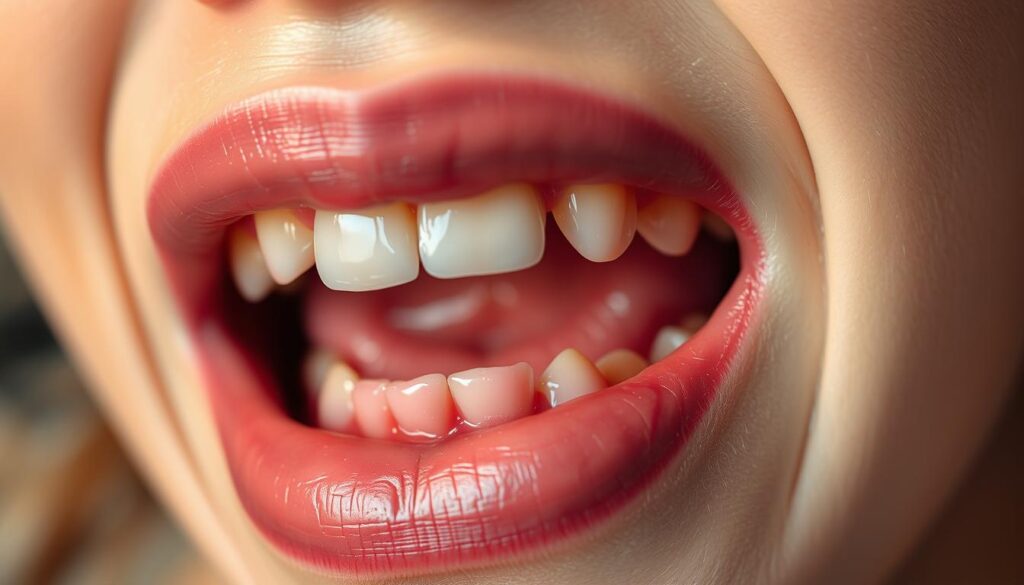 A person's mouth, partially open, with sensitive teeth highlighted. The gums are slightly swollen and reddened, indicating post-cleaning irritation. Soft, warm lighting illuminates the scene, creating a soothing, clinical atmosphere. The focus is sharp on the teeth and gums, with a shallow depth of field blurring the background. The overall mood conveys discomfort and sensitivity, but with a sense of care and attention to the subject's dental health.
