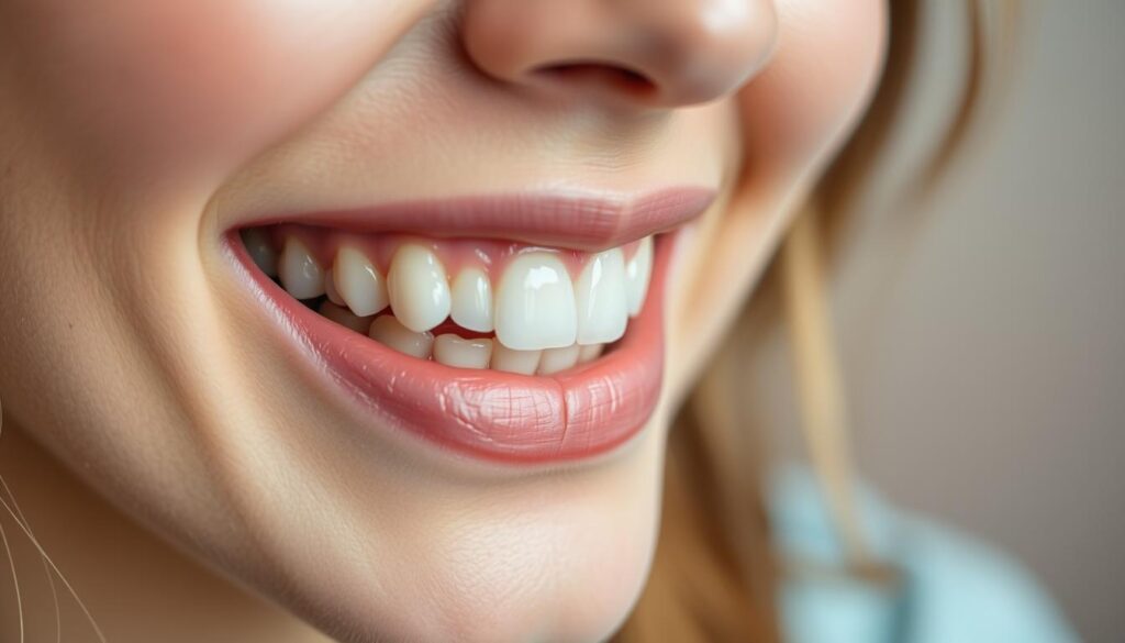 A person's teeth in close-up, with a focused, gentle look of relief on their face, indicating reduced sensitivity after a dental cleaning procedure. The lighting is soft and natural, highlighting the details of the teeth and the person's expression. The background is blurred, keeping the focus on the subject. The overall atmosphere conveys a sense of comfort and ease, suggesting the successful management of post-cleaning teeth sensitivity.