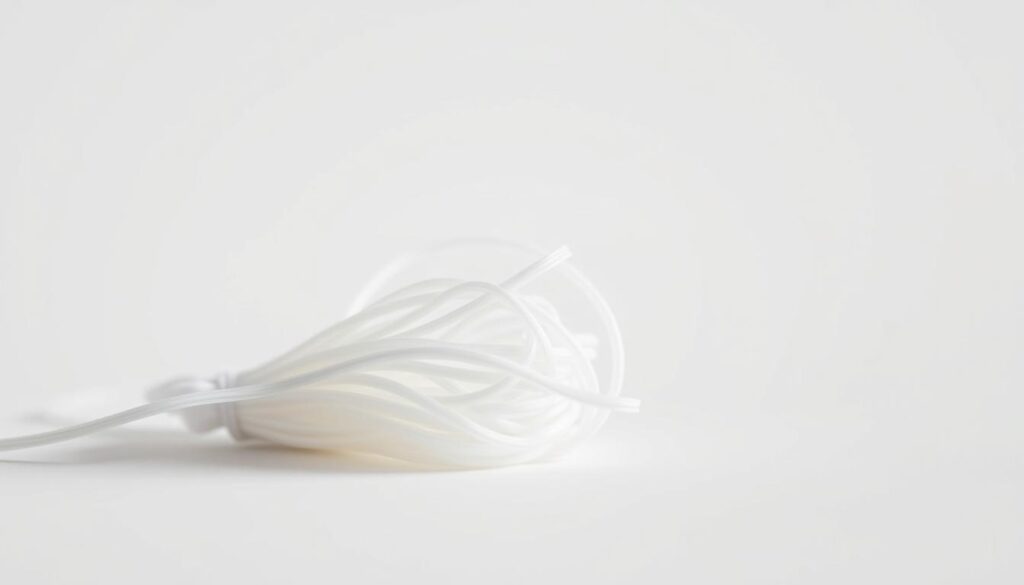 A pristine, close-up view of high-quality dental floss against a clean, white background. The floss is depicted in its original packaging, with the individual strands visible and emphasizing its soft, fibrous texture. The lighting is bright and diffused, creating a clean, clinical atmosphere that highlights the floss' delicate and precise nature. The angle is slightly elevated, giving a sense of the floss' importance and utility as a crucial tool for dental hygiene. The overall mood is one of simplicity, professionalism, and the dedication to oral health.