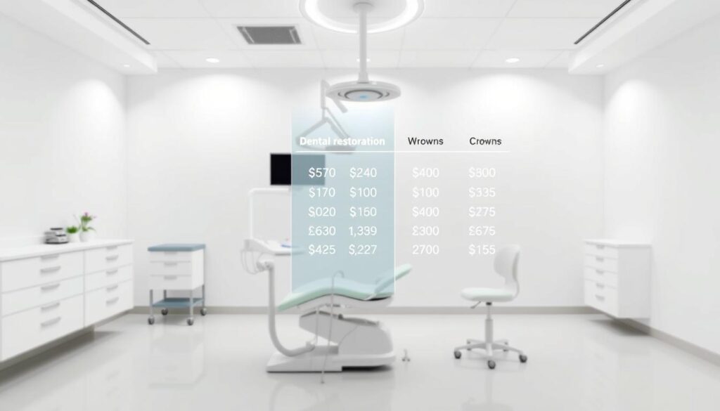 A pristine dental office set against a clean, minimalist backdrop. In the foreground, a detailed breakdown of dental restoration prices, including costs for fillings, crowns, and root canals. The information is presented in a clear, easy-to-understand infographic, using a crisp, clinical color palette. Bright, directional lighting emphasizes the precision and professionalism of the dental services. The scene conveys a sense of trust, reliability, and transparency, inviting the viewer to make an informed decision about their dental treatment options. A pristine dental office set against a clean, minimalist backdrop. In the foreground, a detailed breakdown of dental restoration prices, including costs for fillings, crowns, and root canals. The information is presented in a clear, easy-to-understand infographic, using a crisp, clinical color palette. Bright, directional lighting emphasizes the precision and professionalism of the dental services. The scene conveys a sense of trust, reliability, and transparency, inviting the viewer to make an informed decision about their dental treatment options.
