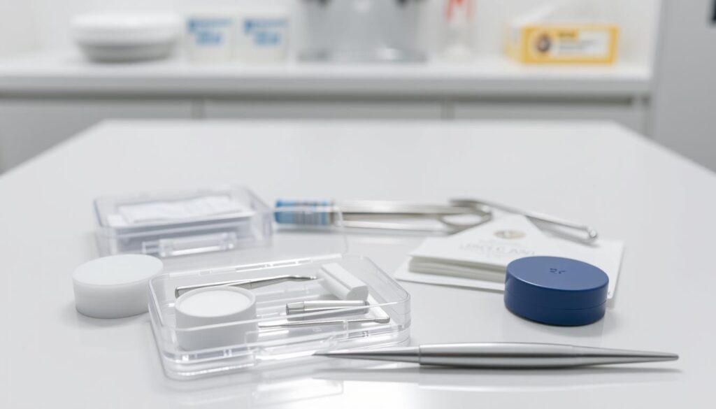 A pristine white table, softly lit from above, displays an assortment of dental repair kits. The foreground features a clear plastic case housing various tools and materials, including dental wax, filling compound, and a small handheld applicator. In the middle ground, a set of sterile-looking instruments, such as tweezers and a dental pick, are neatly arranged. The background suggests a clean, clinical environment, perhaps a dentist's office or a well-equipped medical supply store. The overall atmosphere is one of professionalism and attention to detail, conveying the notion of a reliable temporary dental repair solution.