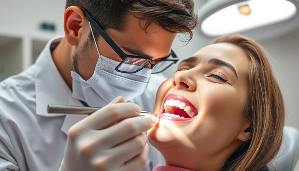 A professional dentist carefully examining a patient's teeth under bright, focused lighting. The scene depicts the teeth cleaning process, with the dentist using specialized tools to meticulously remove stains and plaque, revealing a brighter, healthier smile. The patient's expression conveys a sense of comfort and trust as the dentist guides them through the procedure. The background is a clean, modern dental office, adding to the overall sense of professionalism and care. The image captures the essence of a transformative teeth whitening experience, showcasing the expertise and attention to detail that goes into achieving a luminous, radiant smile.