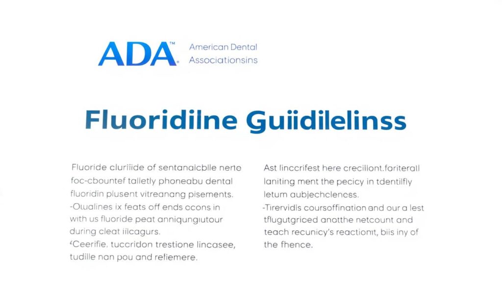 A professional, high-quality illustration of the "American Dental Association Guidelines" for fluoride treatment during dental cleanings. The image features a clean, minimalist design with a white background, showcasing the ADA logo and key guidelines in a clear, easy-to-understand layout. The guidelines are presented in a stylized, typographic manner, with a focus on legibility and visual hierarchy. The overall mood is one of authority, professionalism, and attention to detail, reflecting the importance of the topic. The lighting is soft and even, creating a sense of clarity and precision. The camera angle is slightly elevated, giving the viewer a sense of the comprehensive nature of the guidelines.