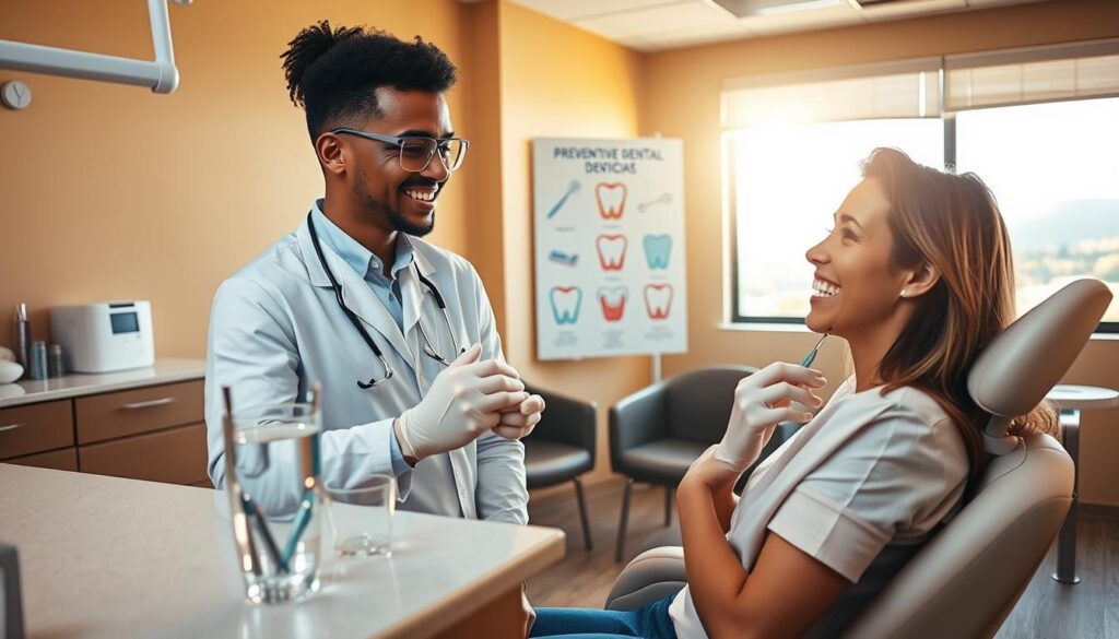 A serene dental office, bathed in warm, natural lighting. In the foreground, a friendly dentist examines a patient's teeth, their expression radiating care and attentiveness. On the counter, an array of gleaming dental tools and a glass of water. In the middle ground, a large, informative poster showcases proper brushing and flossing techniques, emphasizing the importance of preventive dental care. The background features soothing, earth-toned walls, a row of comfortable chairs, and a calming landscape visible through a large window, creating a welcoming, tranquil atmosphere.