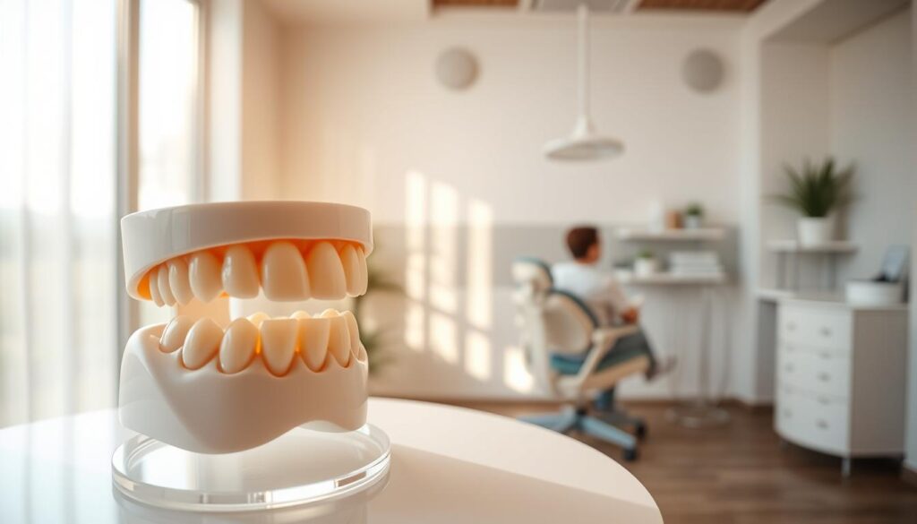 A serene dental office interior bathed in warm, natural lighting. In the foreground, a display showcases a set of healthy teeth, conveying the importance of dental care. In the middle ground, a dentist examines a patient, highlighting the attentive and professional nature of dental examinations. The background depicts a calming, minimalist landscape with soothing colors, emphasizing the tranquil atmosphere essential for promoting dental well-being. The composition suggests the holistic approach to oral health, where prevention, treatment, and patient comfort are paramount.