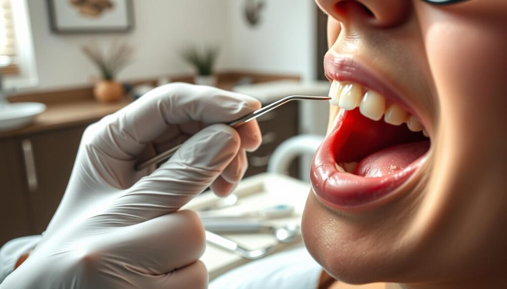 A serene dental office setting, with a close-up view of a patient's mouth showcasing healthy, pink gums. The lighting is soft and natural, creating a calming atmosphere. In the foreground, the dentist's gloved hands gently floss the patient's teeth, demonstrating proper gum care techniques. The middle ground features a variety of dental tools and instruments, neatly arranged on a tray, signifying the importance of professional cleanings. The background depicts a tranquil, soothing environment with subtle wall decor and muted tones, emphasizing the overall wellness and preventative approach to oral health.