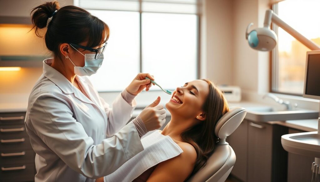A serene dental office setting, with a patient sitting comfortably in a dental chair. The dentist is gently applying a specialized toothpaste or gel to the patient's sensitive teeth, using a soft-bristled toothbrush. Warm lighting filters in through the large windows, creating a calming atmosphere. The countertops and equipment are clean and modern, conveying a sense of professionalism and care. The patient's expression is one of relief, as the treatment helps to alleviate the discomfort caused by post-cleaning sensitivity. The scene captures the moment of effective management of this common dental issue.