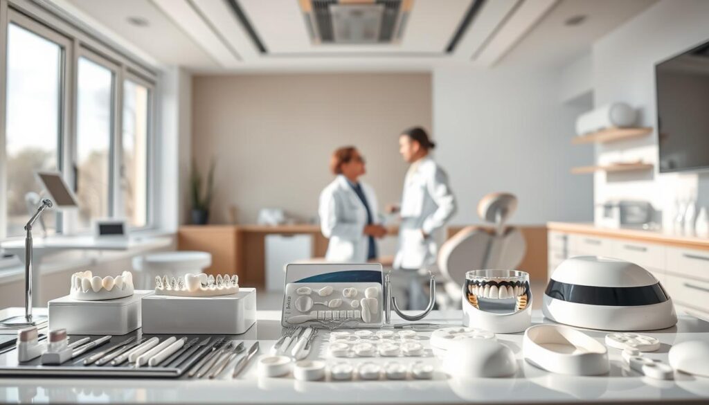 A sleek, modern dental clinic interior with natural lighting flooding through large windows. On the foreground, an array of dental prosthetics and cosmetic dentistry tools are neatly displayed - veneers, crowns, whitening trays, and other state-of-the-art solutions. In the middle ground, a dentist in a crisp, white coat consults with a patient, discussing potential aesthetic treatments. The background features elegant, minimalist decor and soothing, earthy tones that evoke a sense of comfort and professionalism. The overall scene conveys the expertise, care, and transformative power of cosmetic dentistry.