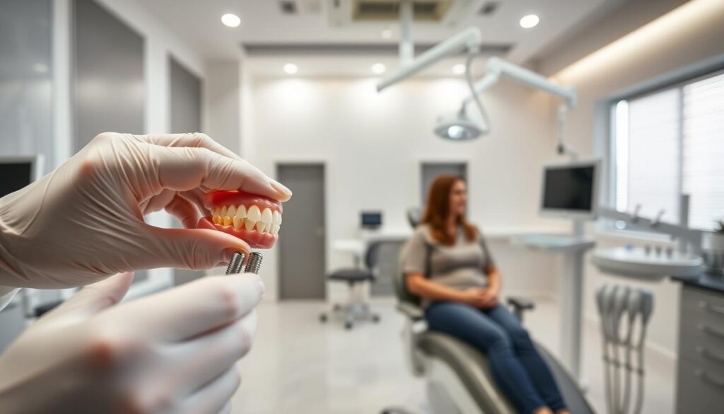 A sleek, modern dental clinic interior. In the foreground, a dentist's hand examines a patient's teeth, showcasing dental implants. In the middle ground, a person sitting in a dental chair, discussing treatment options with the dentist. The background features state-of-the-art dental equipment, calming lighting, and soothing pastel-colored walls, conveying a sense of professionalism and patient comfort. The scene emphasizes the importance of lifestyle factors, such as oral hygiene and overall health, in determining the suitability of dental implants. The image should be captured with a medium-wide angle lens, providing a balanced composition and depth of field.