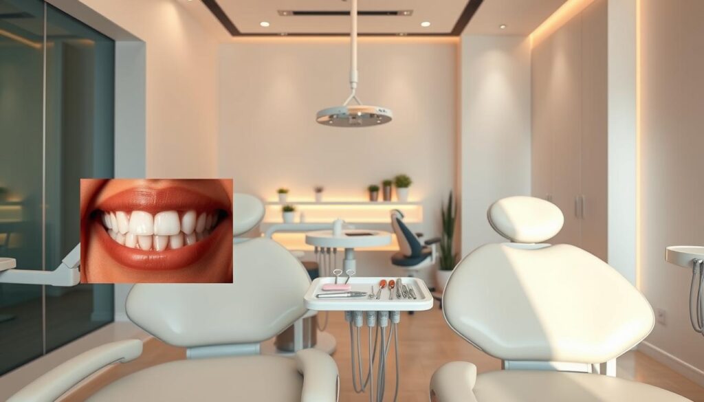 A sleek, modern dental clinic setting. In the foreground, two adjacent dental chairs showcasing a close-up comparison of teeth before and after cleaning and whitening treatments. The left chair displays a set of stained, discolored teeth, while the right chair reveals a bright, sparkling smile. Warm, directional lighting highlights the contrast, creating a sense of transformation. In the middle ground, medical instruments and tools neatly arranged on a tray, conveying the professional, hygienic atmosphere. The background features elegant, minimalist decor - clean white walls, subtle accent lighting, and a hint of soothing, natural elements like potted plants. The overall scene conveys the effectiveness and benefits of professional dental cleanings and whitening procedures.
