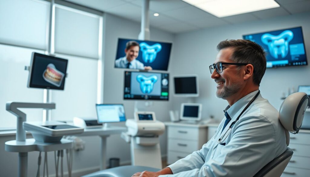 A sleek, modern dental office interior with an array of digital devices and screens showcasing telehealth options. In the foreground, a dentist and patient engage in a video consultation, their faces illuminated by the soft, natural lighting filtering through large windows. In the middle ground, various diagnostic tools and monitoring equipment are neatly arranged, conveying the seamless integration of technology into the dental practice. The background features soothing, minimalist decor and a calming color palette, creating an atmosphere of trust and professionalism. The scene captures the convenience and accessibility of remote dental care, highlighting the future of dentistry.