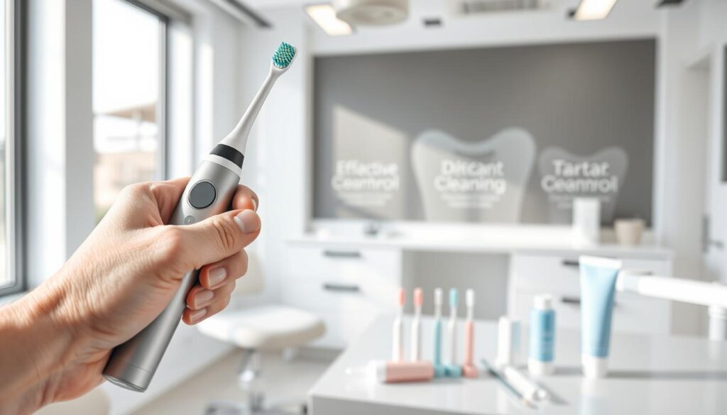 A sleek, modern dental office interior with bright, natural lighting filtering in through large windows. In the foreground, a dentist's hand demonstrates the proper technique for using an electric toothbrush, with a close-up view of the bristles gently massaging a set of pristine, healthy teeth. In the middle ground, a collection of dental hygiene tools and products are neatly arranged, including interdental brushes, floss, and a tube of specialized toothpaste. The background features a minimalist, white-and-gray color scheme, with subtle wall art or signage highlighting effective plaque and tartar control strategies, such as regular brushing, flossing, and professional cleanings.