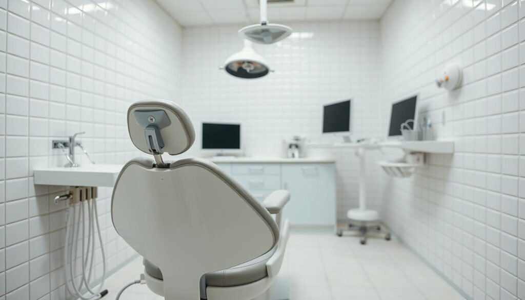 A spotless dental office, gleaming with sterile white tiles and chrome fixtures. In the foreground, a dentist's chair stands ready, its vinyl upholstery neatly tucked and polished. On the nearby counter, an array of shiny instruments awaits, their sharp edges hinting at the precision of a thorough cleaning. The background is bathed in soft, even lighting, creating a calming, professional atmosphere. The scene evokes a sense of care and attention to detail, inviting the viewer to imagine themselves comfortably undergoing a dental cleaning without the need for a comprehensive examination.