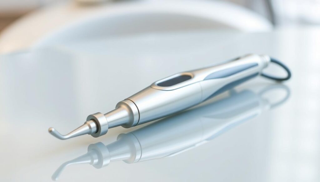 A stainless steel ultrasonic dental scaler sitting on a clean, reflective surface, with a soft, diffused lighting illuminating it from above. The scaler's intricate details, such as its ergonomic grip and various functional components, are clearly visible. The overall mood is clinical yet inviting, evoking the professional and hygienic environment of a dental office. The image should convey the specialized nature of this essential tool used by dental hygienists during routine cleanings.