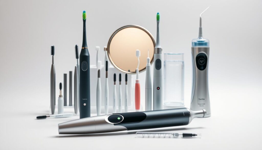 A stylized still life arrangement showcasing a variety of innovative dental hygiene tools. In the foreground, an elegant electric toothbrush with a sleek, futuristic design, its vibrant bristles gently illuminated. Behind it, an assortment of interdental brushes, dental floss picks, and a water flosser with a transparent water tank. The middle ground features a high-quality magnifying mirror, casting a warm glow over the scene. In the background, a minimalist white background allows the tools to take center stage, emphasizing their modern, cutting-edge aesthetic. The lighting is soft and diffused, creating a sense of sophistication and attention to detail. The overall composition is visually striking, highlighting the importance of these specialized tools in maintaining optimal oral health.
