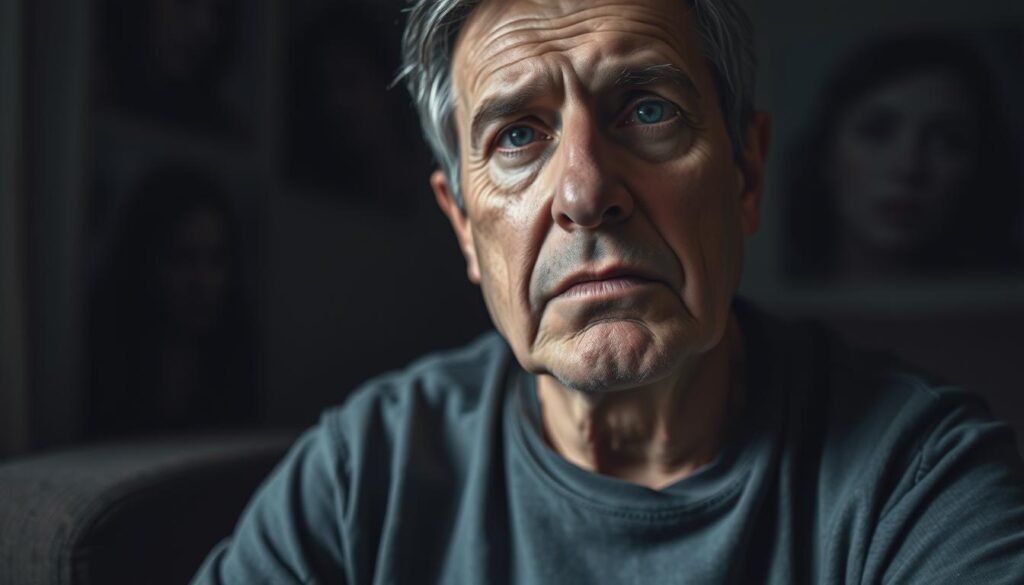 A thoughtful middle-aged person sits in a dimly lit room, their expression pensive and troubled. In the foreground, a half-open mouth reveals yellowing, neglected teeth, symbolizing the physical impact of poor oral health. The background is hazy, with blurred images of anxious faces and a sense of mental unease pervading the scene. Soft, muted lighting casts shadows, creating a somber, introspective atmosphere. The overall composition conveys the profound connection between oral wellness and mental well-being, highlighting the need for attentive dental care and its far-reaching consequences on one's holistic health.