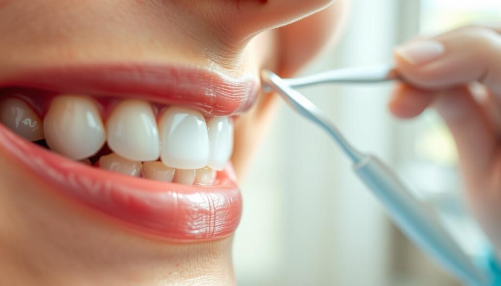 A vibrant, close-up scene depicting the benefits of regular dental cleanings. In the foreground, a set of sparkling, white teeth against a soft, pink gum line. The middle ground features a dental hygienist's hand delicately using a polishing tool to gently remove plaque and stains, revealing the healthy, gleaming enamel beneath. In the background, a serene, calming atmosphere with soft, natural lighting casting a warm glow, emphasizing the importance of oral hygiene for maintaining gum health. The overall composition conveys a sense of care, cleanliness, and the tangible rewards of consistent dental visits.