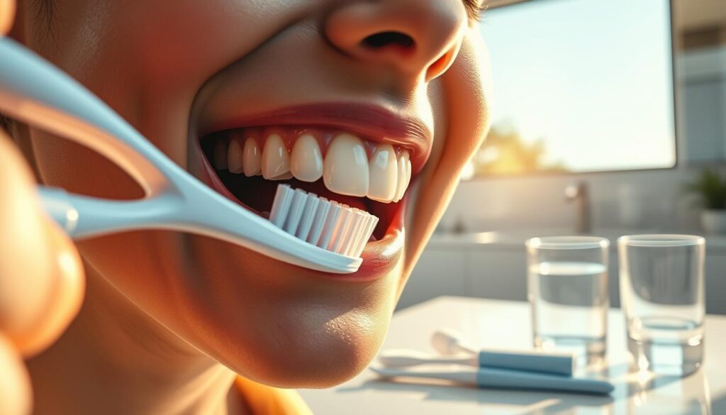A vibrant, hyper-realistic scene depicting effective oral hygiene practices. In the foreground, a close-up view of a person's face, their mouth open wide, showcasing a set of healthy, sparkling teeth being gently brushed with a soft-bristled toothbrush. Diffused natural lighting from a large window bathes the scene in a warm, golden glow, casting subtle shadows that accentuate the texture of the teeth and gums. In the middle ground, various oral hygiene tools are neatly arranged, including floss, interdental brushes, and a glass of water. The background features a minimalist, modern bathroom setting, with sleek fixtures and a soothing, neutral color palette that reinforces the importance of maintaining a clean, well-kept oral environment.