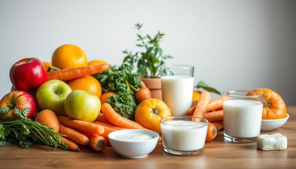 A vibrant still life composition featuring an assortment of dentist-friendly foods. In the foreground, an array of fresh fruits - crisp apples, juicy oranges, and crunchy carrots - arranged artfully on a wooden table. The middle ground showcases a selection of dairy products, including a glass of milk and a small bowl of plain yogurt. In the background, a potted plant and a simple white wall create a clean, minimalist backdrop, highlighting the natural colors and textures of the foods. The lighting is soft and diffused, creating a serene, calming atmosphere. This image captures the essence of healthy, tooth-friendly snacks that can be enjoyed before a dental appointment.