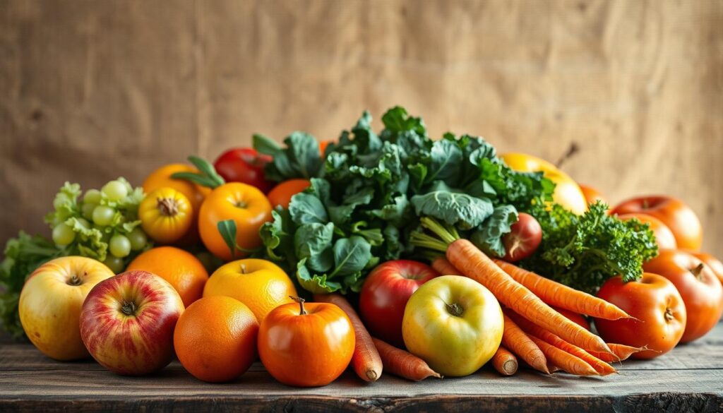 A vibrant still life displaying an assortment of fresh, colorful fruits and vegetables on a rustic wooden table, illuminated by soft, natural lighting. In the foreground, crisp apples, juicy oranges, and crunchy carrots are arranged artfully, showcasing their vivid hues. In the middle ground, leafy greens such as spinach and kale stand tall, their textures contrasting with the smooth surfaces of the other produce. In the background, a backdrop of earthy tones, perhaps a woven fabric or a weathered wall, adds depth and warmth to the composition. The overall mood is one of health, vitality, and a celebration of the natural goodness of these dental-friendly foods.