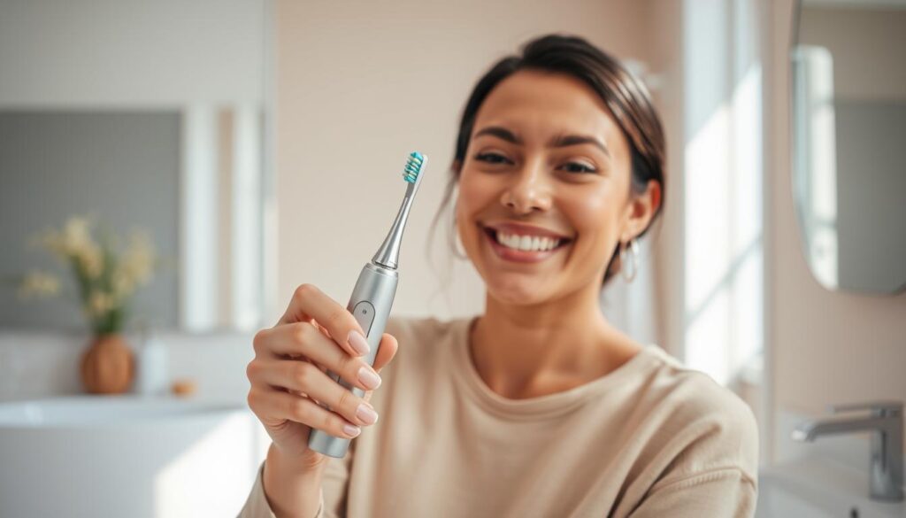 A warm, inviting bathroom setting with natural lighting streaming through a large window. In the foreground, a person comfortably holds an electric toothbrush, their expression serene and focused as they clean their teeth. The toothbrush is sleek and ergonomic, fitting naturally in their hand. In the middle ground, the bathroom vanity is minimalist and uncluttered, allowing the user's experience to be the central focus. The background features soft, muted tones, creating a sense of tranquility and ease. The overall composition conveys a feeling of effortless, enjoyable oral hygiene.
