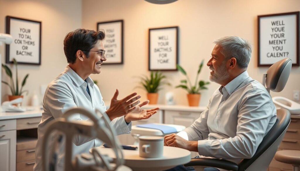 A warm, inviting dental office interior. In the foreground, a friendly dentist sits at their desk, discussing oral hygiene with a concerned-looking patient. The dentist gestures animatedly, explaining the importance of regular flossing and cavity prevention. Soft, directional lighting illuminates their faces, creating a sense of open and honest dialogue. In the middle ground, dental tools and equipment are neatly organized, conveying professionalism. The background features soothing pastel-colored walls, potted plants, and framed motivational art, cultivating a relaxed, trustworthy atmosphere. The scene evokes a productive, educational conversation between a caring dentist and an attentive patient.
