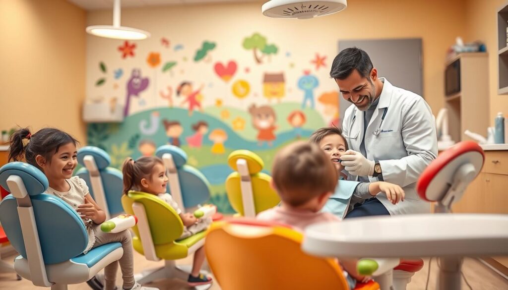 A warm, inviting pediatric dental clinic with a playful, child-friendly atmosphere. The foreground features a group of smiling children sitting in colorful dental chairs, their faces lit by the gentle glow of overhead lamps. In the middle ground, a cheerful dentist in a white coat and scrubs examines a young patient, using age-appropriate tools and techniques to ensure a positive experience. The background showcases a vibrant mural depicting whimsical cartoon characters, creating a sense of wonder and delight. The lighting is soft and natural, creating a calming, nurturing environment that puts young patients at ease.