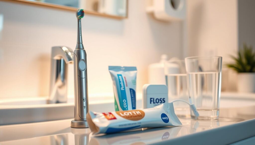 A well-lit bathroom counter showcases an array of oral hygiene essentials: a sleek electric toothbrush, a tube of premium toothpaste, a pack of floss, and a glass of water. The scene exudes a sense of order and intentionality, reflecting the importance of maintaining proper dental care. The camera angle is slightly elevated, providing a comprehensive view of the display. Soft, warm lighting casts a gentle glow, creating a soothing and inviting atmosphere. The background is blurred, allowing the foreground items to take center stage and emphasize their role in everyday preventive measures for optimal oral health.