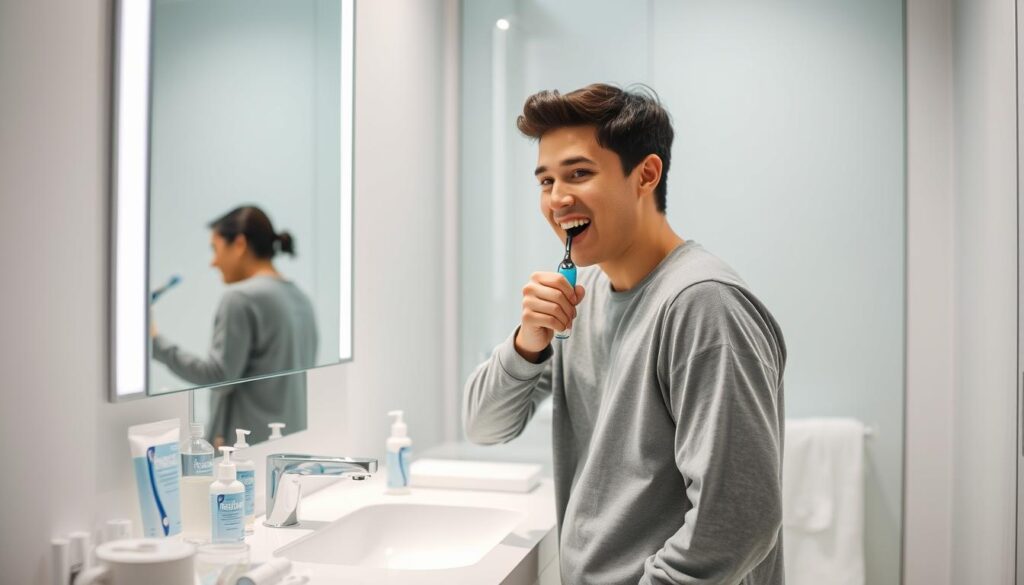 A well-lit bathroom interior with a modern sink and counter. In the foreground, a person stands, diligently brushing their teeth with an electric toothbrush, mouth open, showing proper technique. On the counter, an array of oral care products - toothpaste, dental floss, mouthwash, and a glass of water. The background features a large mirror, providing a clear reflection of the person's attentive expression. Soft, diffused lighting illuminates the scene, creating a calming, hygienic atmosphere conducive to an effective oral care routine.